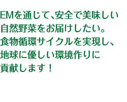 EMを通じて、安全で美味しい自然野菜をお届けしたい。食物循環サイクルを実現し、地球に優しい環境作りに貢献します！